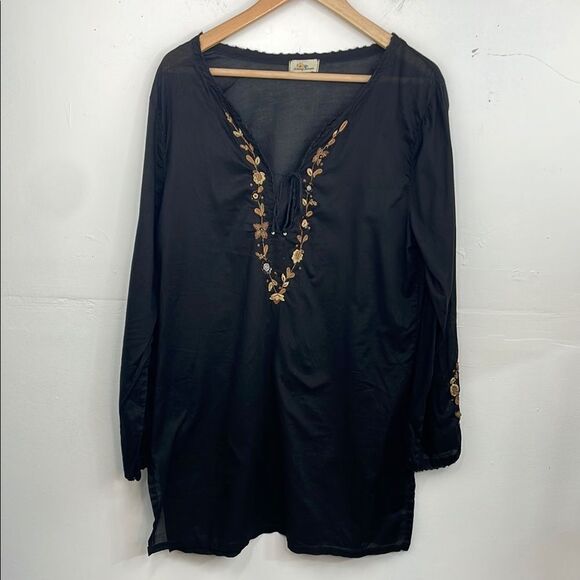 Tommy Bahamas Embroidered Black Tunic Top semi sheer boho size Medium Cotton - Picture 1 of 13